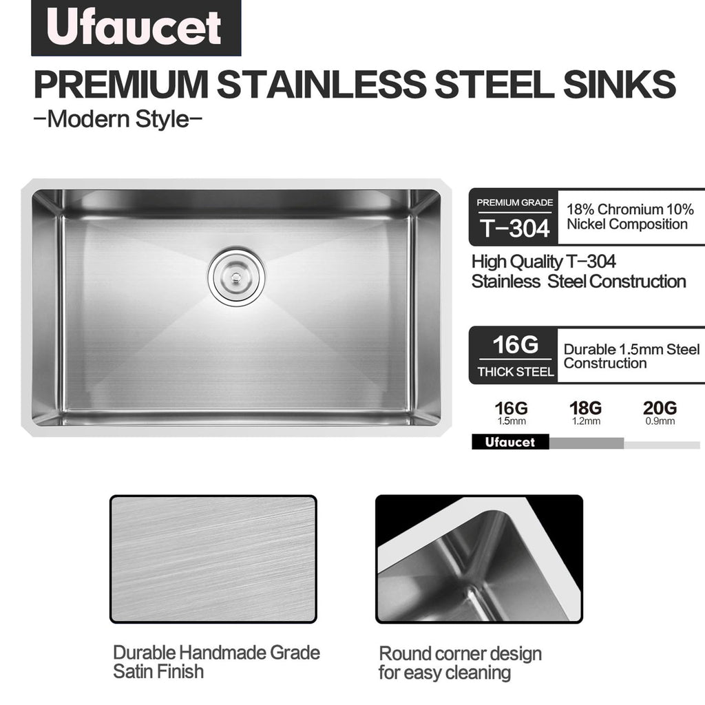 28 Inch Undermount Kitchen Sink, 28 x 18 Brushed Nickel Stainless Steel 16 Gauge 9 Inch Deep Single Bowl Basin