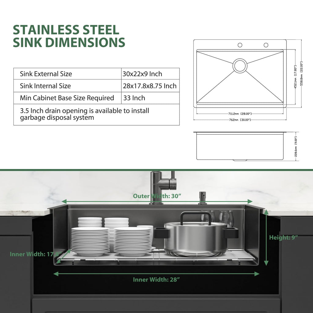 30 Inch Black Drop In Workstation Kitchen Sink with Accessories