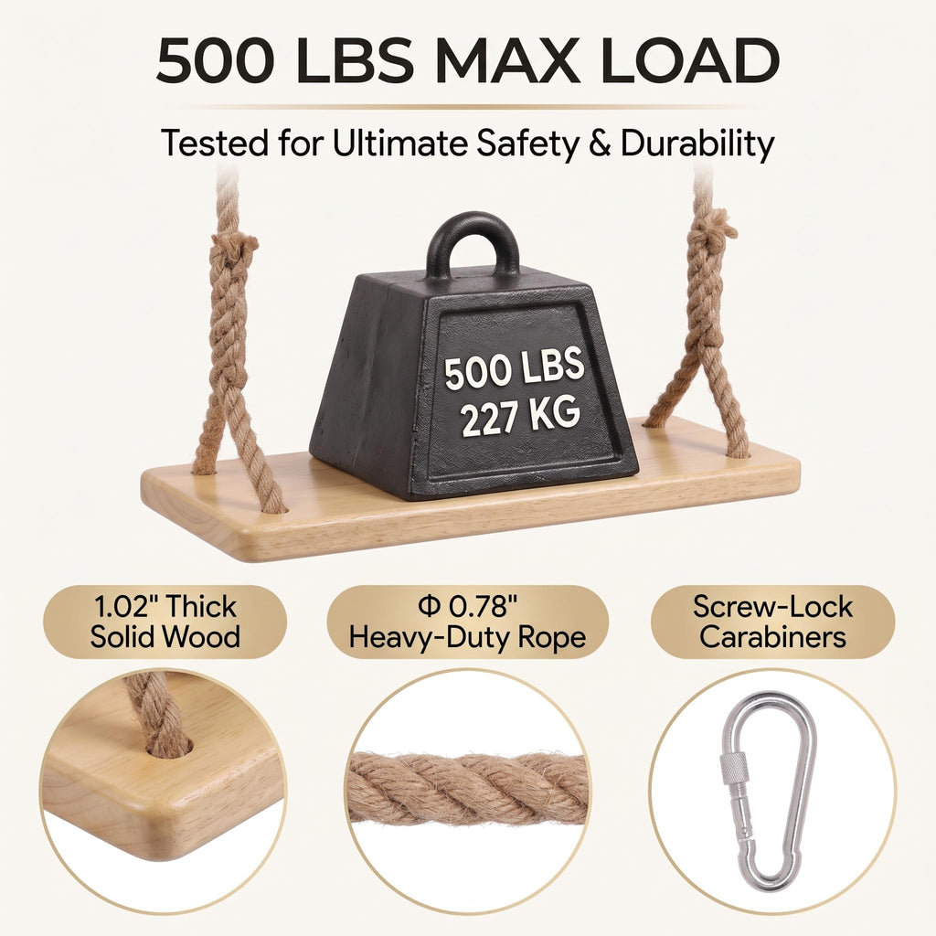 Solid Wood Tree Swing - 500 lbs Capacity Heavy Duty Adult-Sized Swing Seat with 118" Adjustable Hemp Rope & Complete
