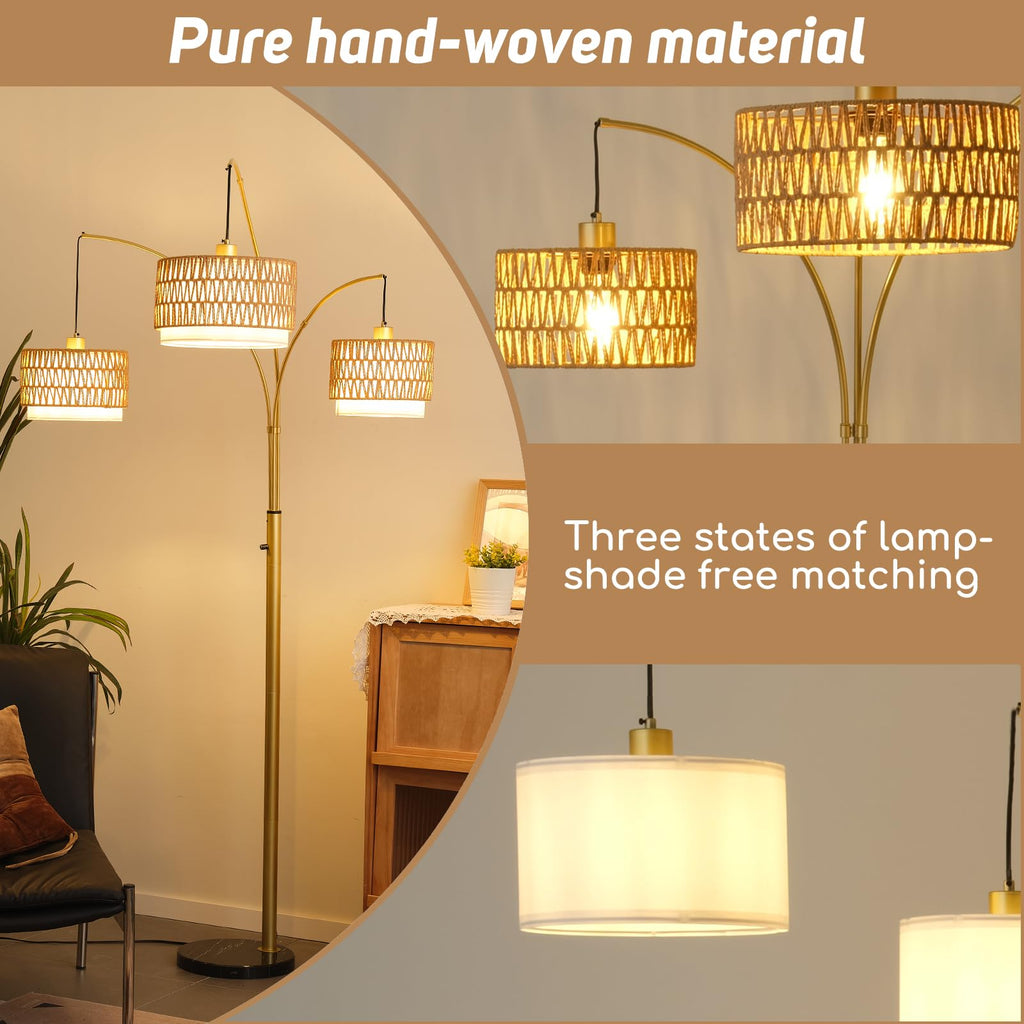 80'' Brushed Gold Rattan Arc Floor Lamp, 3-Light Boho Lamp