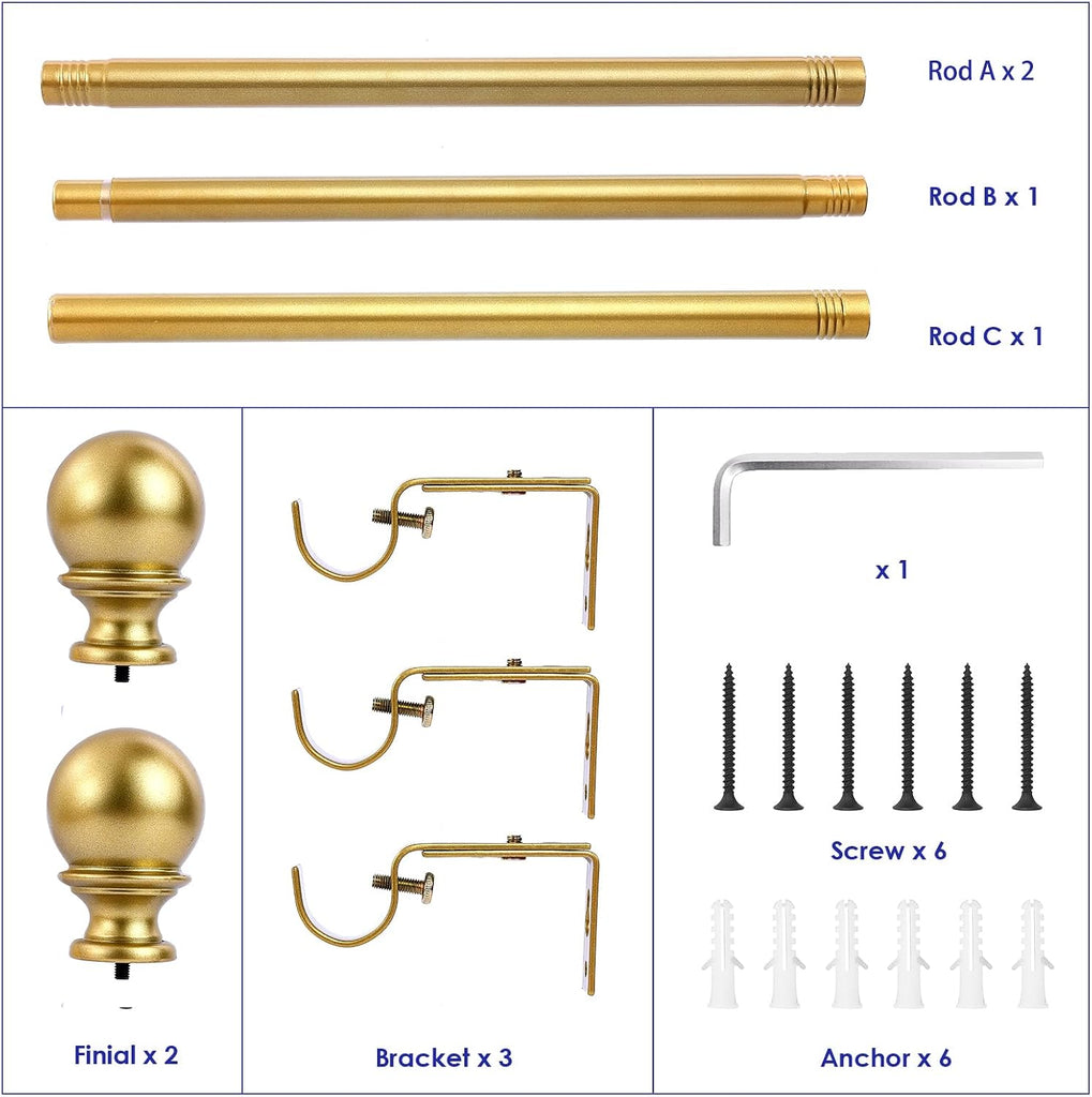 Curtain Rods - 1" Diameter, 32-72" Standard Decorative Window Curtain Rod Set with Brackets - Gold
