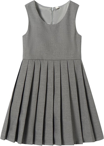 School Uniform Jumper Dress Solid Soft Sleeveless Crew Neck A-Line Pleated Dress
