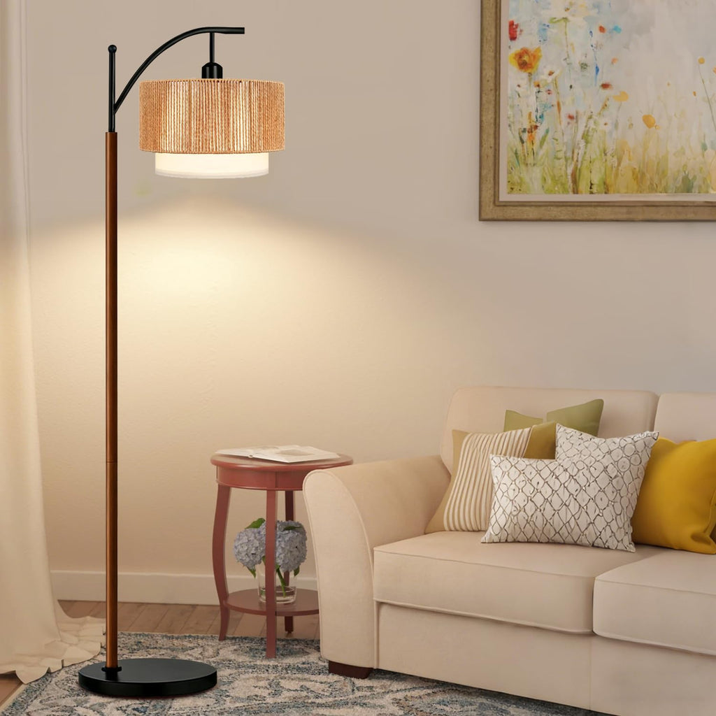 Arc Black Floor Lamp Bedroom with Remote, Rattan Boho Floor Lamps with 3 Color Temperatures, Rustic Standing Lamp with