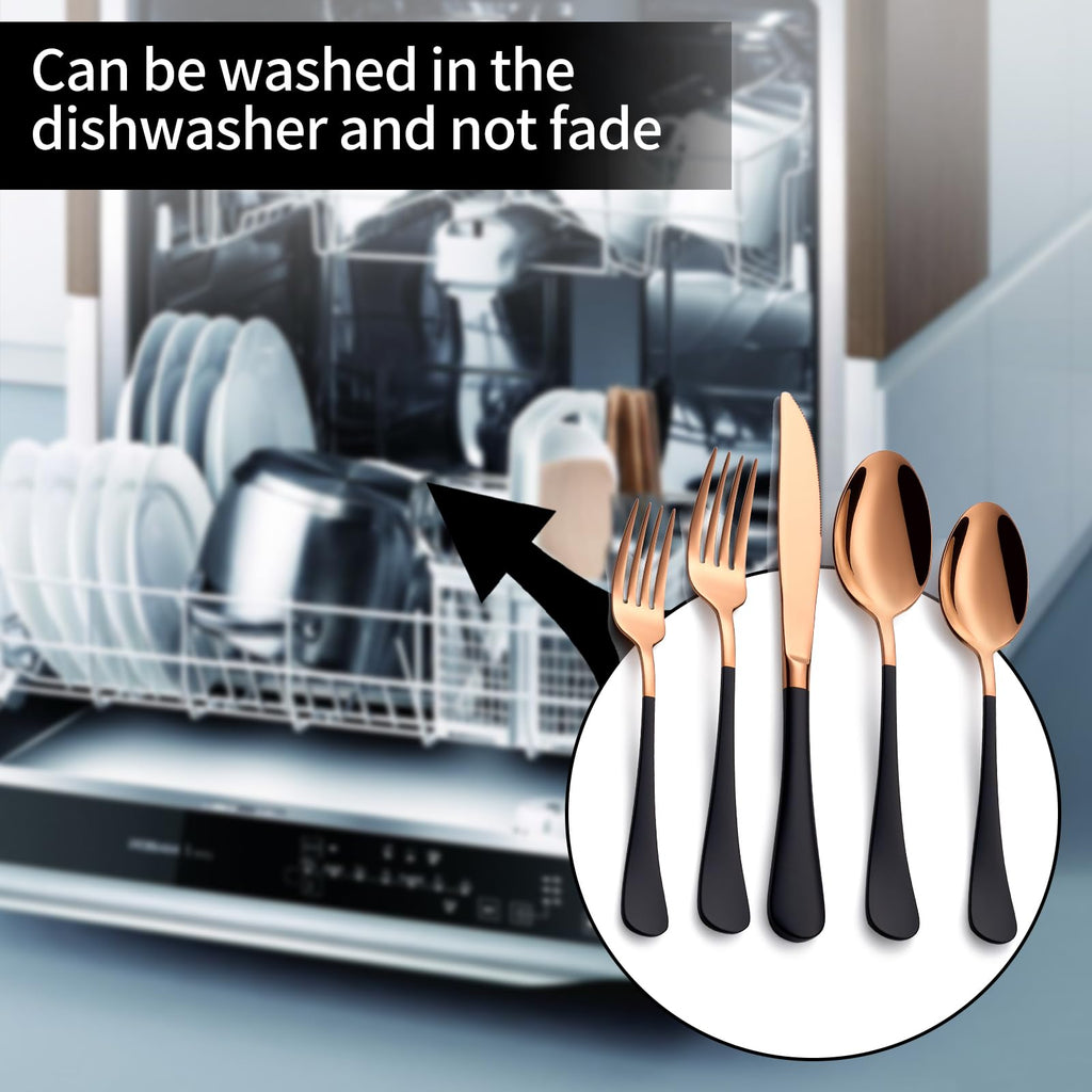 Rose Gold and Black Silverware Sets for 4,Black Handle Stainless Steel Cutlery Set, Include Forks Spoons
