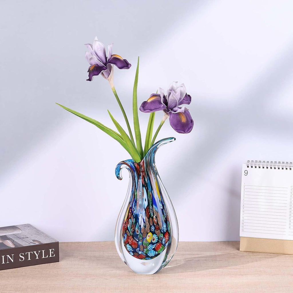 Hand Blown Glass Vase - Oval Decorative Art Glass for Centerpieces, Murano Inspired Decor, Entryway Table, or Shelf