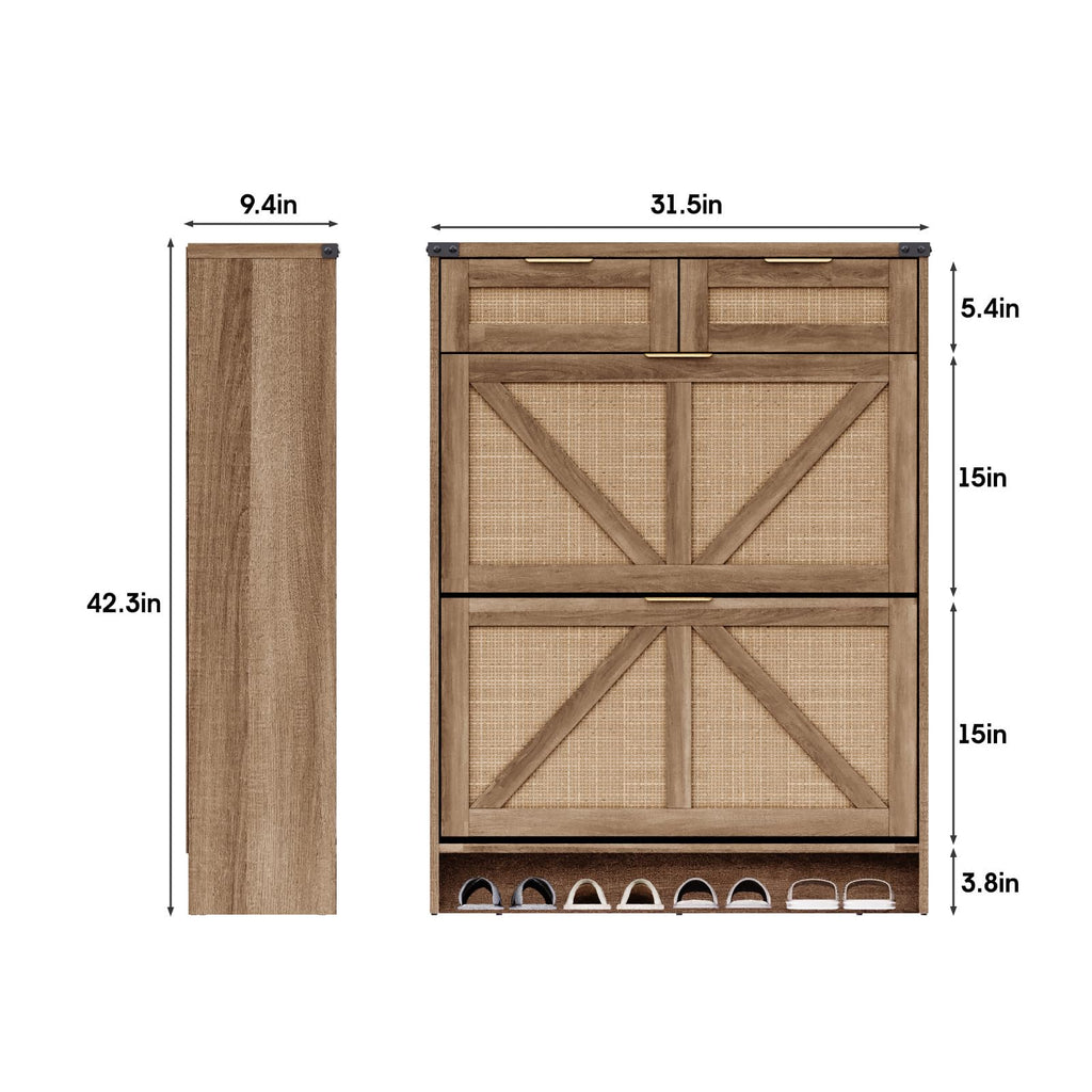 Shoe Cabinet with 2 Flip Drawers & 2 Drawers, Farmhouse Shoe Storage Cabinet, Slim Freestanding Narrow Organizer Rack