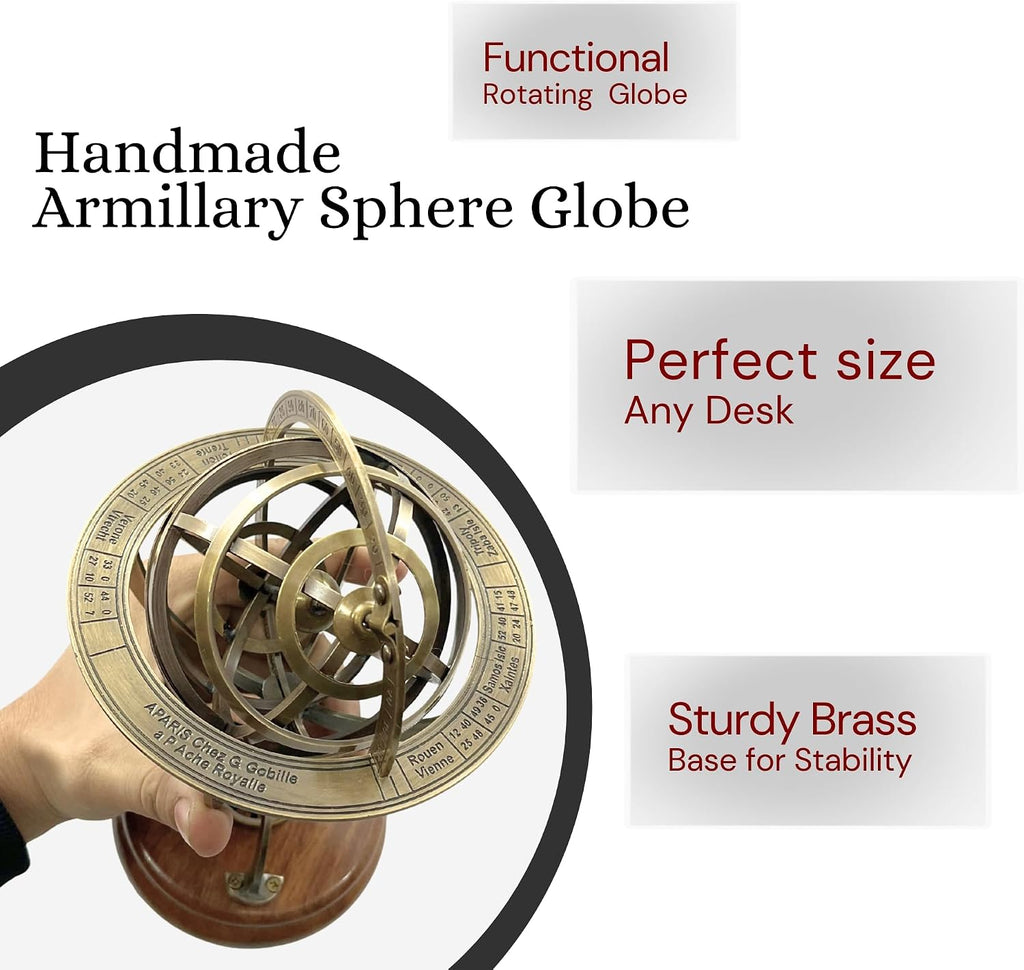 Armillary Sphere Globe with Celestial Engravings, Compass at Center for Authentic Navigation, and a Sturdy Elegant
