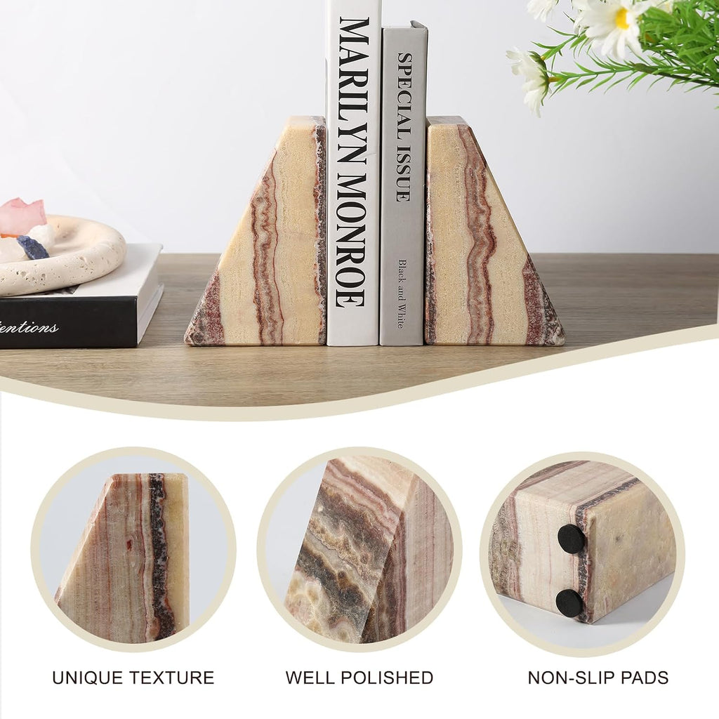 Natural Onyx Bookends for Shelves, Decorative Bookends for Heavy Books, Non-Slip Heavy Duty Book Stopper for
