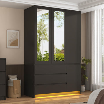 75" Tall Modern Wardrobe Closet with 2 Mirrors, LED Lights, 47"W Armoire Wardrobe Cabinet with 3 Drawers, Hanging