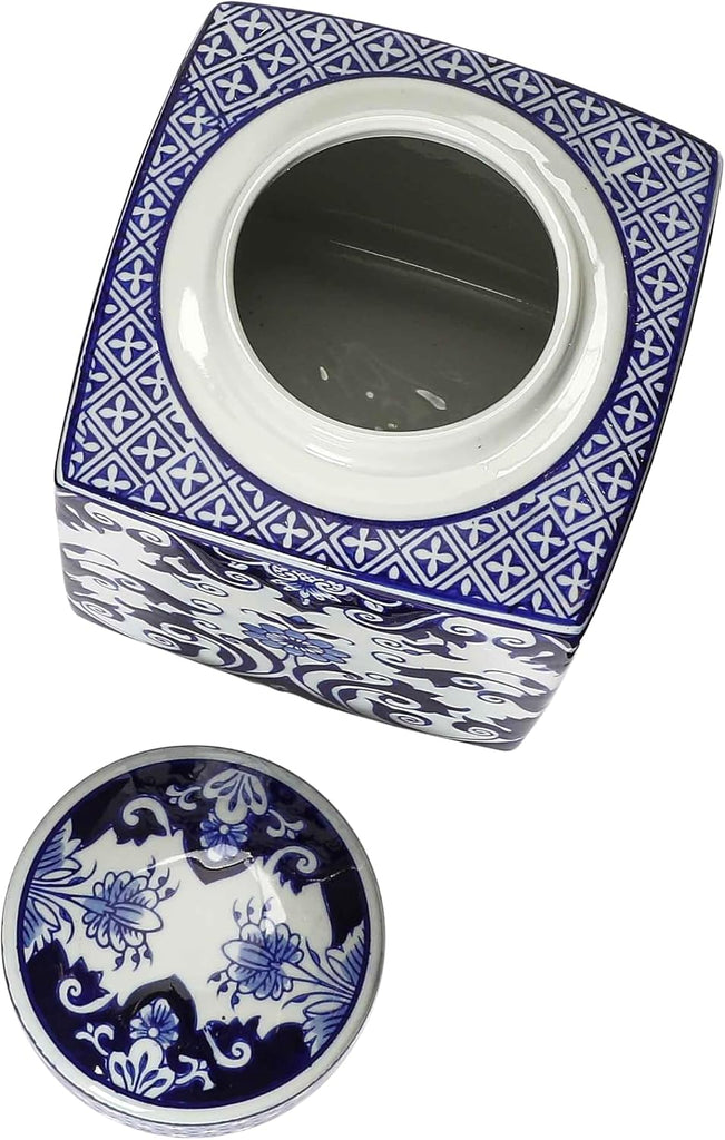 Decorative Square Ceramic Ginger Jar with Lid for Small Spaces, Blue and White