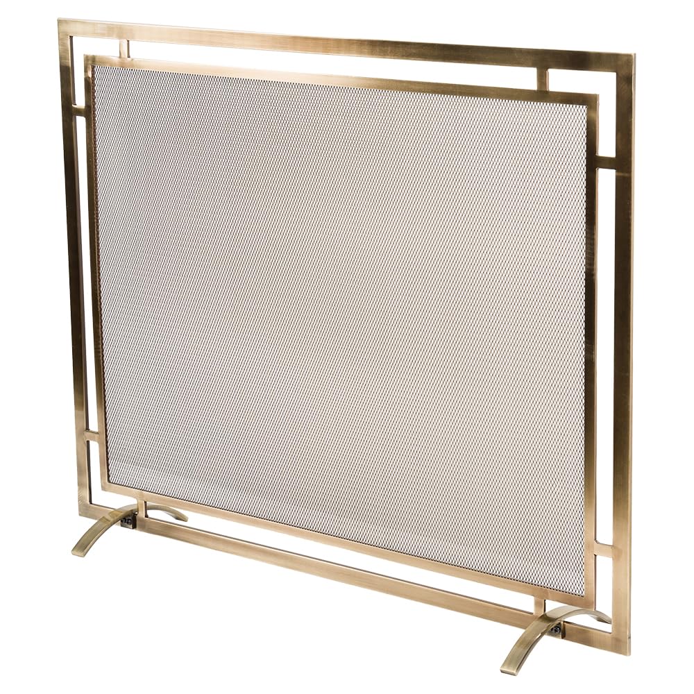 Gatsby Mesh Fireplace Screen in Aged Brass | Single Panel, Heavy-Duty Steel Frame with Powder-Coated Finish | Mesh