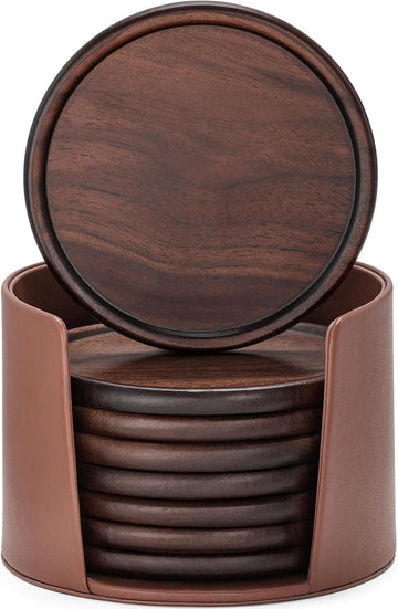 Wood Coasters with Leather Holder, 100% Wooden Coasters for Drinks - Set of 8