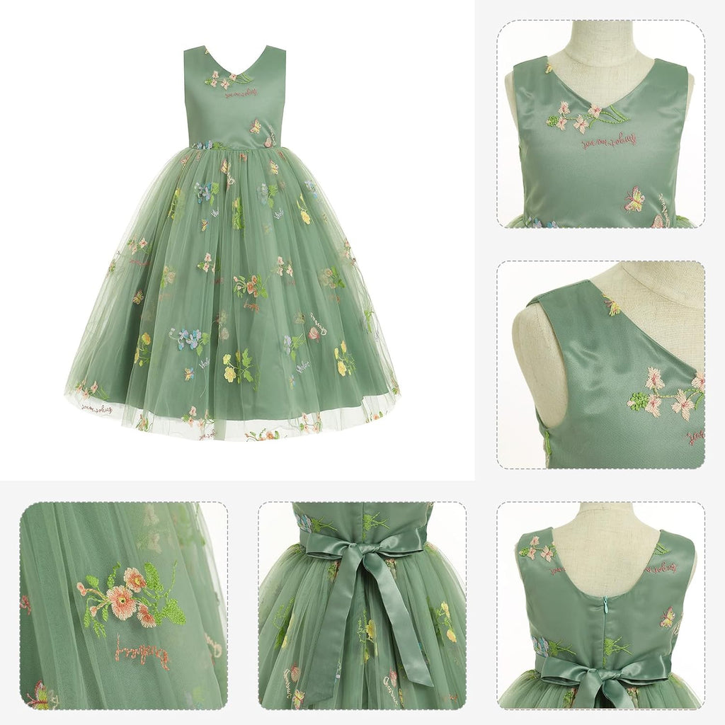 Embroidery Flower Girl Lace Dress for Kids Wedding Pageant Party First Communion Dresses Princess Bridesmaid Maxi Gown