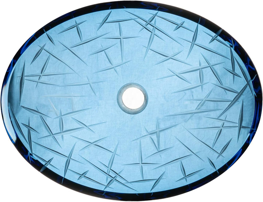Eden Bath Blue Crystal Cut Oval Glass Sink Bowl Bathroom Vessel Sink for Vanity Top