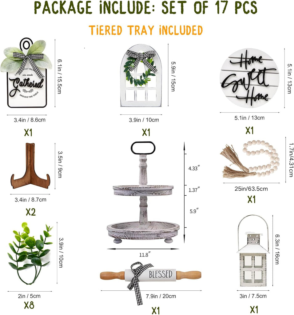 Farmhouse Tiered Tray with 1 Lantern Artificial Plant& Cutting Board Sign for Rustic Home Sweet Home - Set of 17