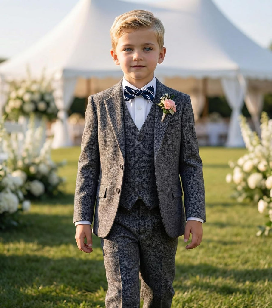 Boy's Suits Tweed Herringbone 5 Piece Tuxedo Wedding Suit for Kids with Tie