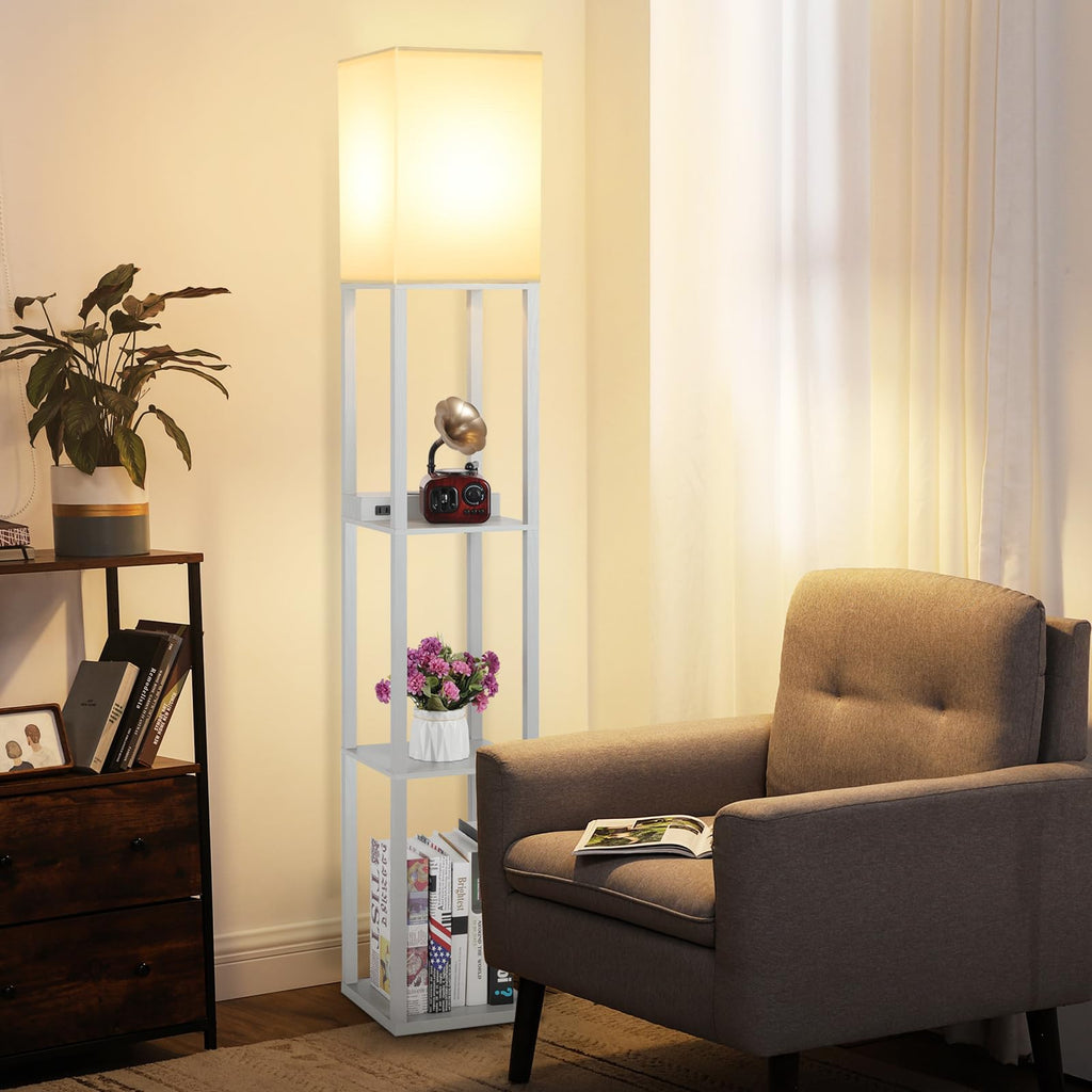 Shelf Floor Lamp with Wireless Charger, USB, Type C, AC Port, Grey