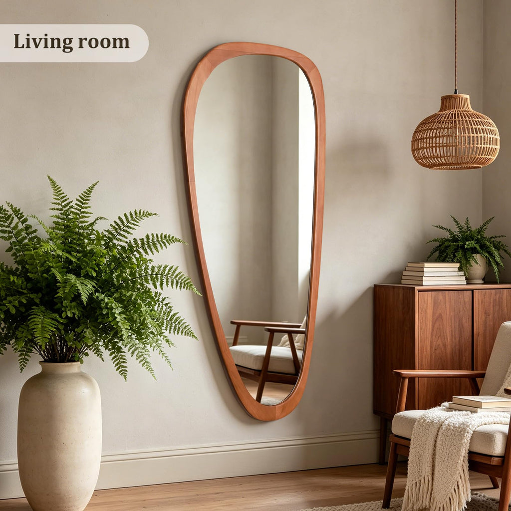 48" H x 22" W Asymmetrical Mirror, Irregular Wooden Wall Mirror Full Length - Boho Mid-Century Modern Decorative