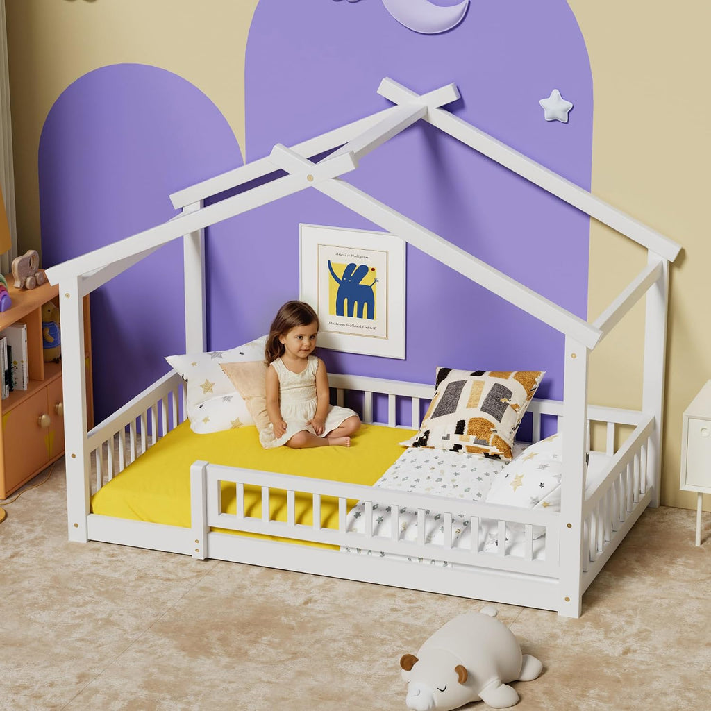 Tw Bed with Fence, Wooden Montessori Bed with Slats Support, Floor Bed Frame for Boys Girls Bedroom, White