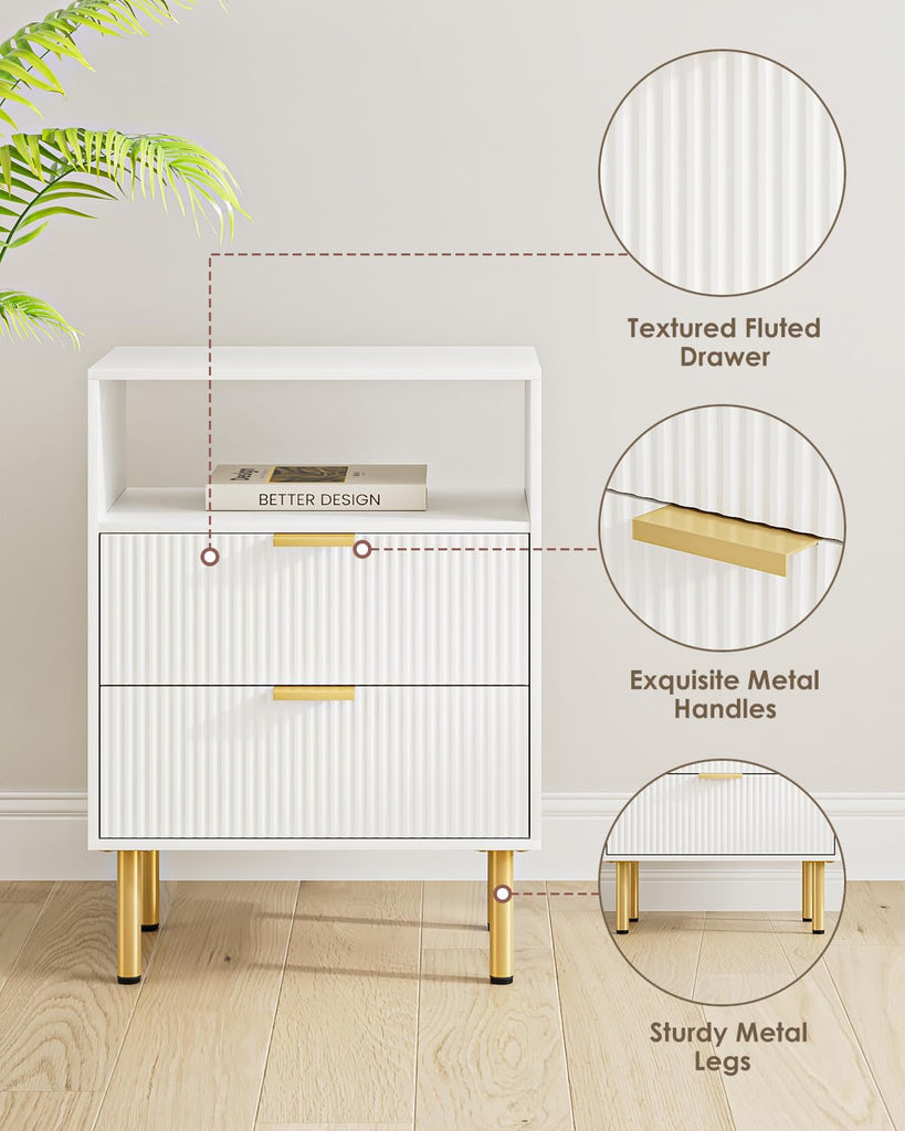 Night Stand, 25.7" H Bedside Table with 2-Drawer Shelf, Morden Nightstand with Gold Frame, Fluted Side Table with Gold