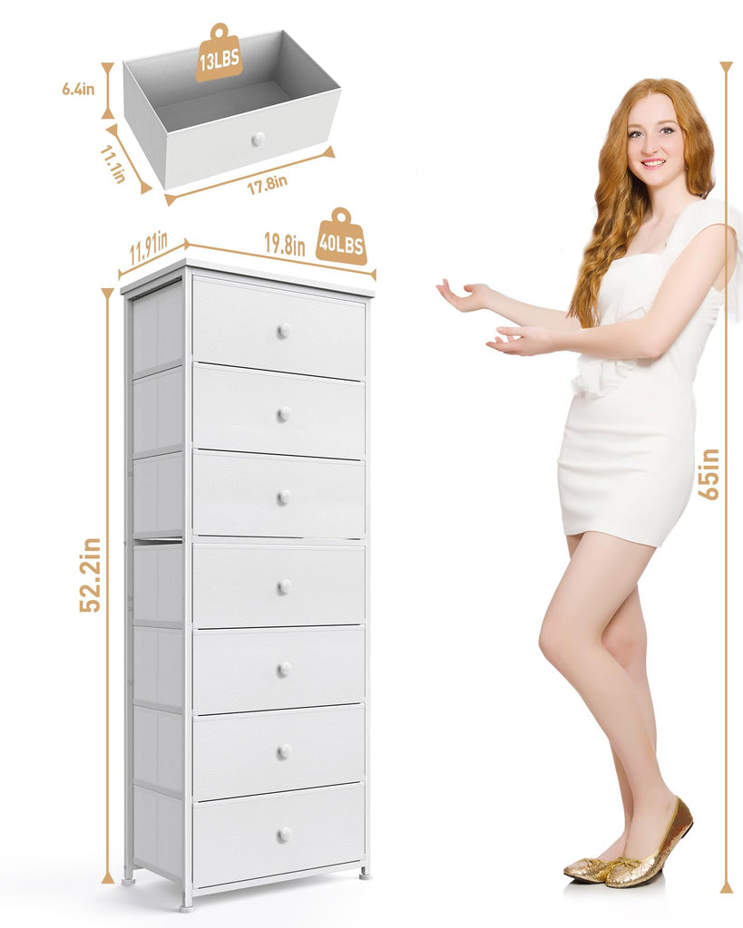 Tall Fabric Dresser, Vertical Storage Organizer Tower with 7 Drawers, Chest of Drawers with Bins, Steel Frame, Wood