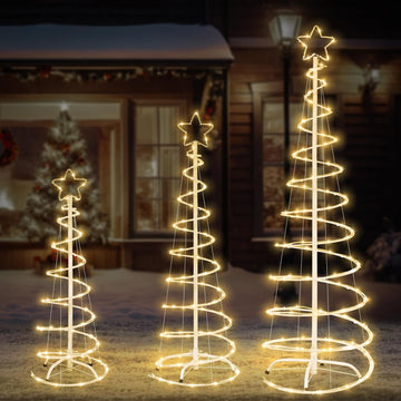 3 Packs Christmas Spiral Tree with Lights, 3/4/5 FT Lighted Xmas Collapsible Tree with Metal Stakes for Indoor &