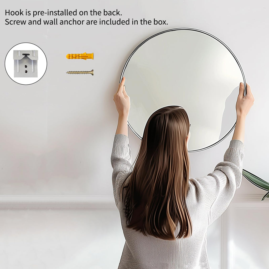 Round Mirror 22 inch, Nickel Bathroom Mirror, Brushed Metal Frame