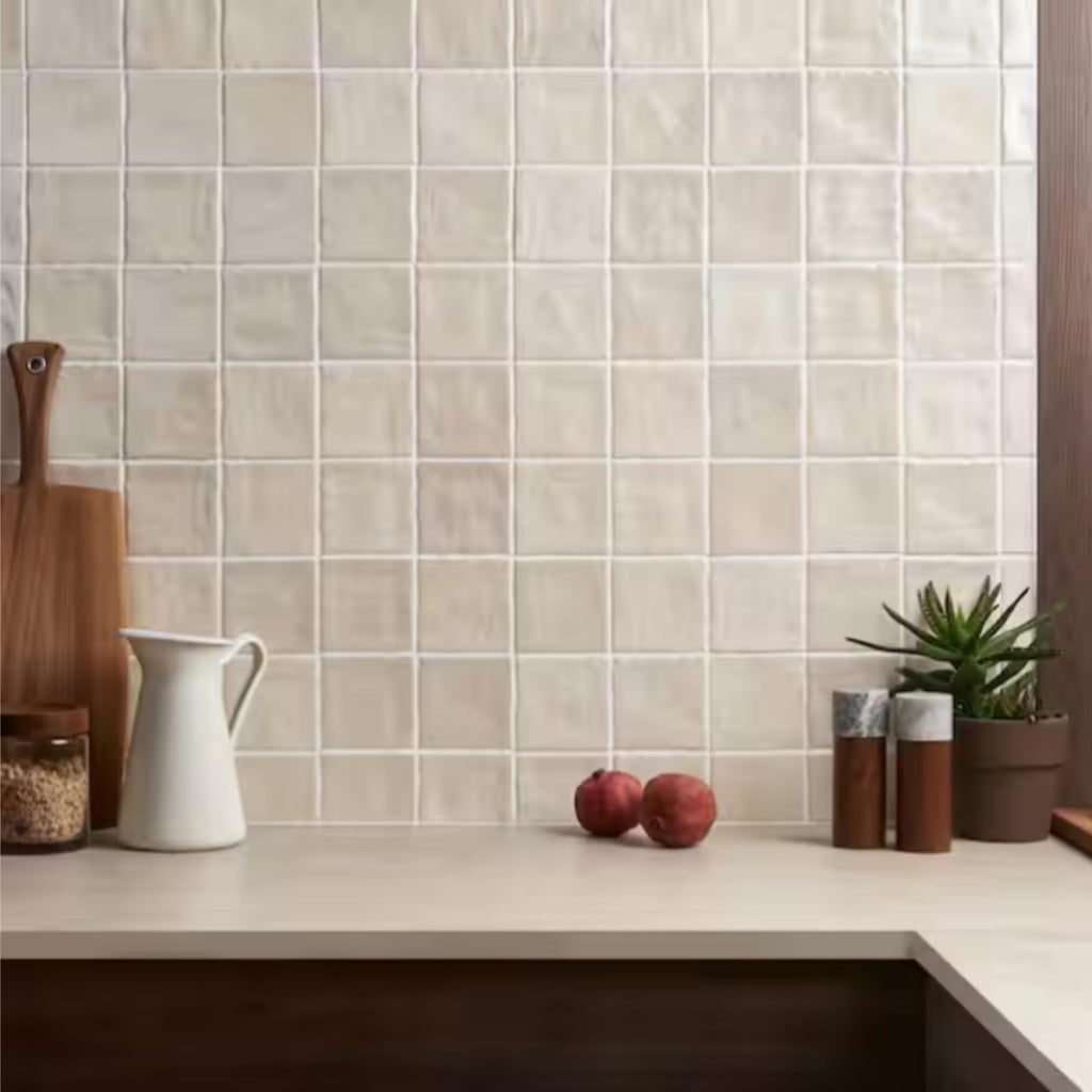 4x4 Inch HTCFD Premium Quality Almond Matte Zellige Ceramic Tile with Subtle Shimmer | Handmade Look Moroccan Square