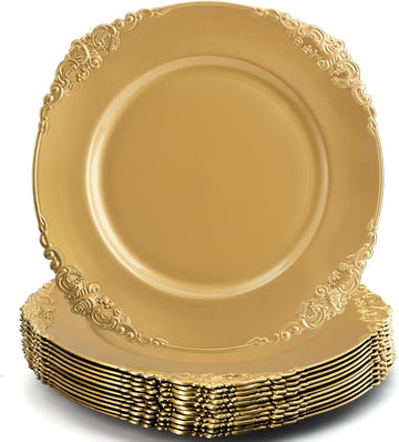 Gold Charger Plates, 13" Round Dinner Charger Plates with Embossed Rim for Catering, Wedding, Tabletop Decor - Set of 12