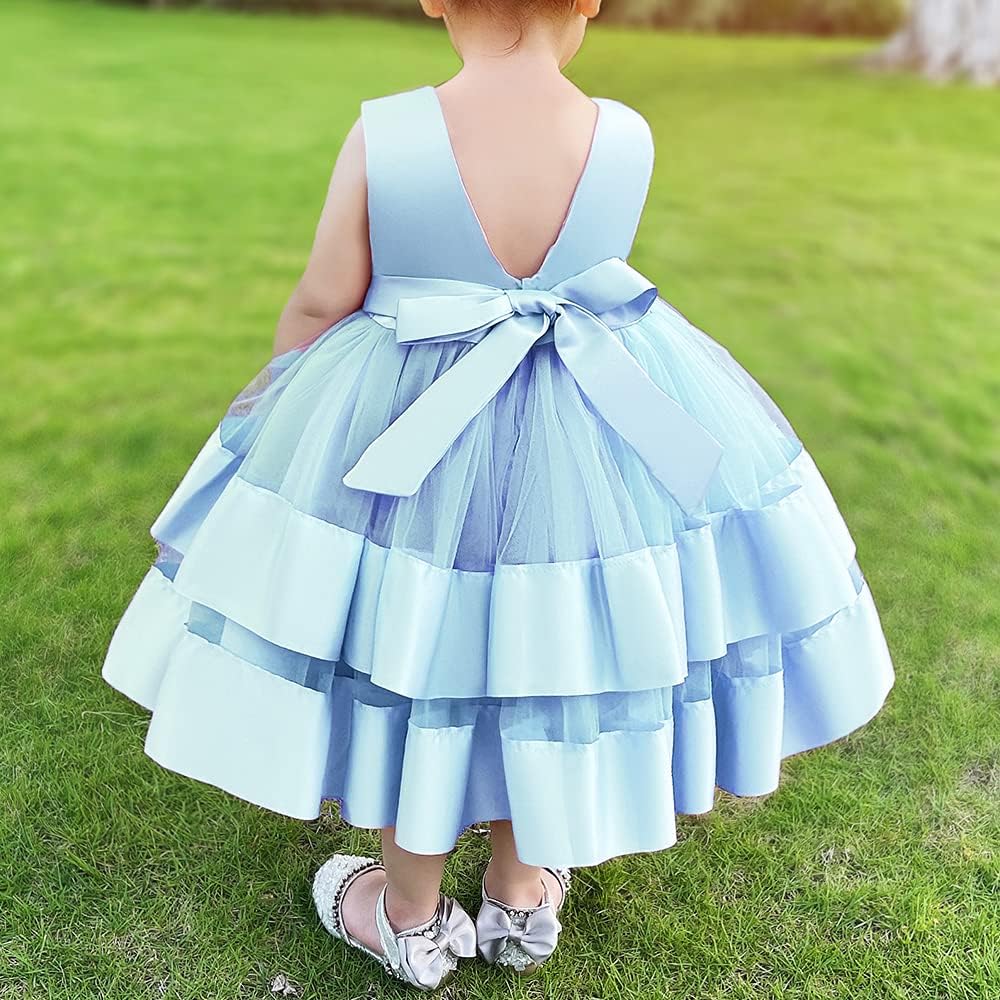 Baby Girls V Backless Flower Dress Pageant Party Wedding Gown Dresses with Hair Bow