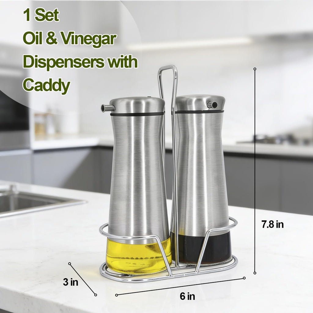 Oil And Vinegar Dispenser Set with Caddy - 2 Pack Oil Dispenser Bottle with No-Drip - Kitchen Decor and Accessories - Set of 2