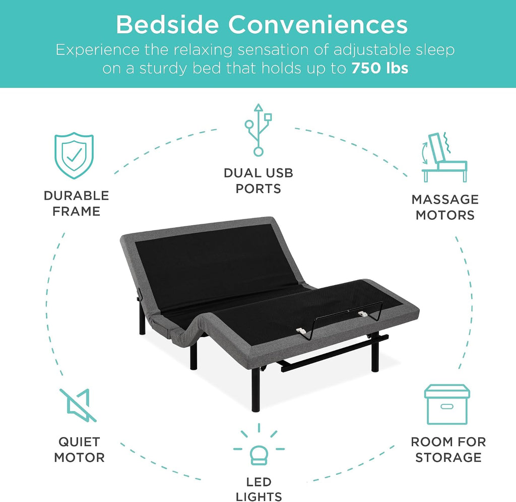 Ergonomic Full Size Adjustable Bed Frame, Electric Base w/Wireless Remote Control, Nightlight, Massager, 2 USB Ports