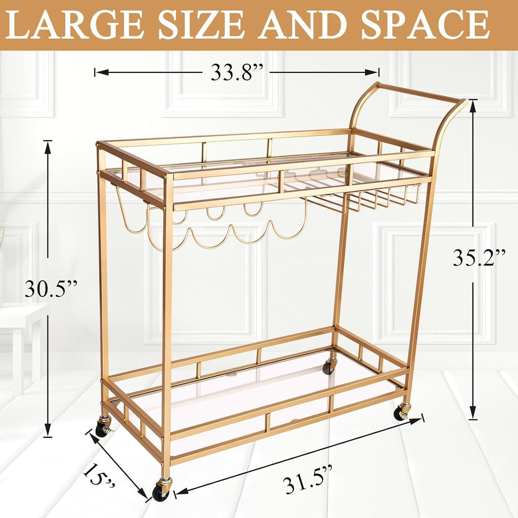 Gold Bar Cart, Gold Bar Cart with Wheels, Home Bar & Serving Carts with 2 Mirrored Shelves, Bar Carts for The Home