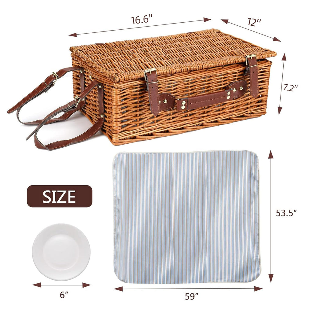 Wicker Picnic Basket for 4 with Waterproof Blanket Blue Stripes