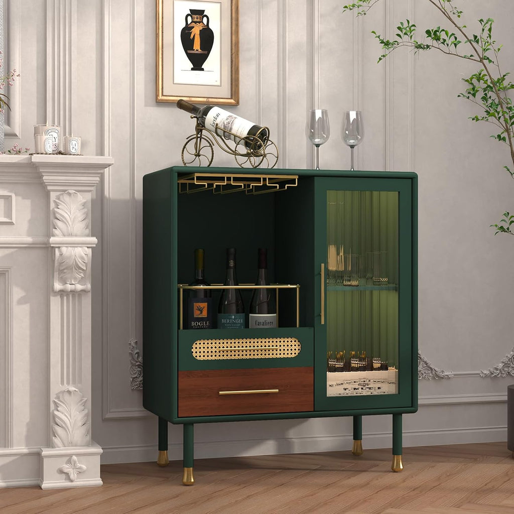 Modern Coffee Bar Cabinet with Pull-Out Wine Storage, Green | Bar Cart with Wine Glass Rack and Drawers, Liquor