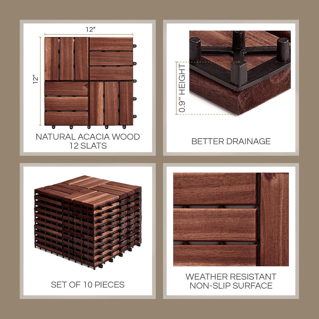Premium Deck Tiles, Patio Flooring - Set 10 Pcs 12”x12”x0.9” Interlocking Deck Tiles, Waterproof Acacia Wood for