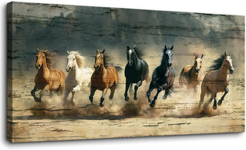 Rustic Running Horses Wall Art,Large Western Canvas Print , Wild Stallion Painting, Vintage Farmhouse Decor, Cowboy