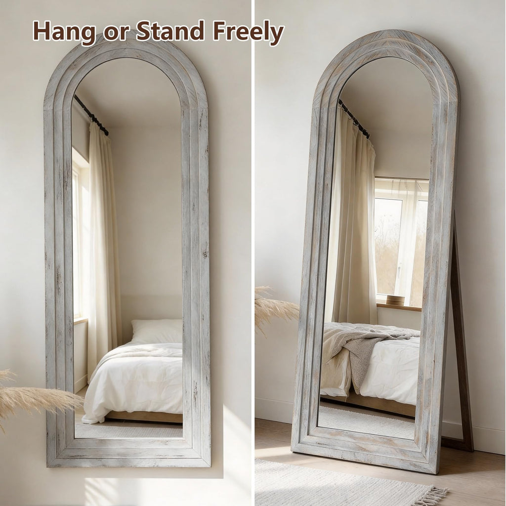 Rustic Wood Floor Full Length Mirror with Stand, 64"X21" Arched