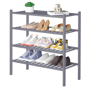 4 Tier Bamboo Shoe Rack for Closet Free Standing Wood Shoe Shelf Small Space Stackable 27"x11"x26" (Grey)