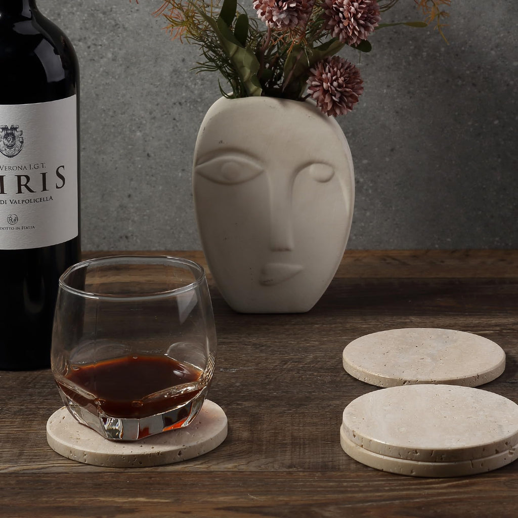 Travertine Coasters, Marble Coaster Set of 4 for Drinks, 4" Round Stone Coasters Set Heat Resistant, Decorative