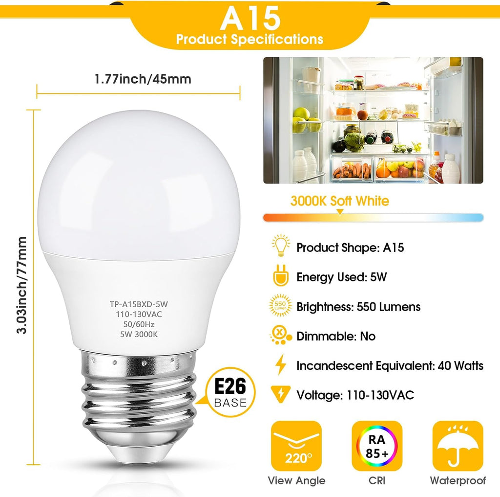 A15 LED Refrigerator Light Bulb, 40 Watt Equivalent 3000K 4-Pack
