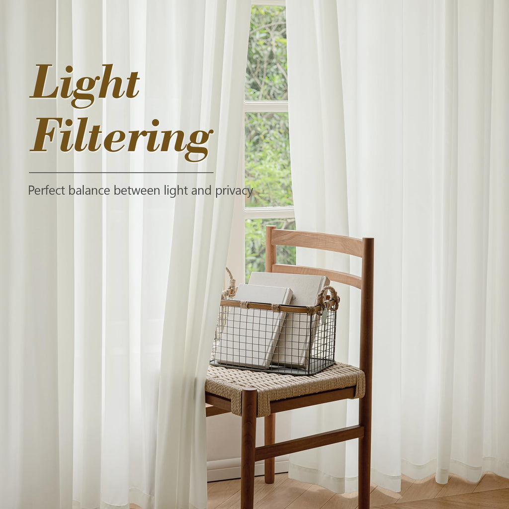 Cream Sheer Curtains, 108 Inch, Rod Pocket, 2 Panels