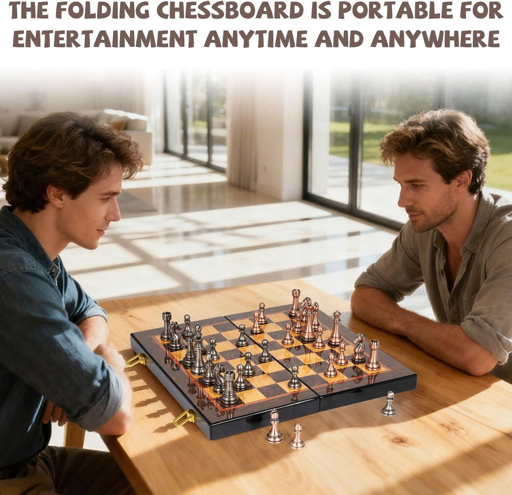 Luxury Metal Chess Set with 15 Inch Wooden Chess Board | Weighted Metal Chess Pieces | 2 Extra Queens | Professional