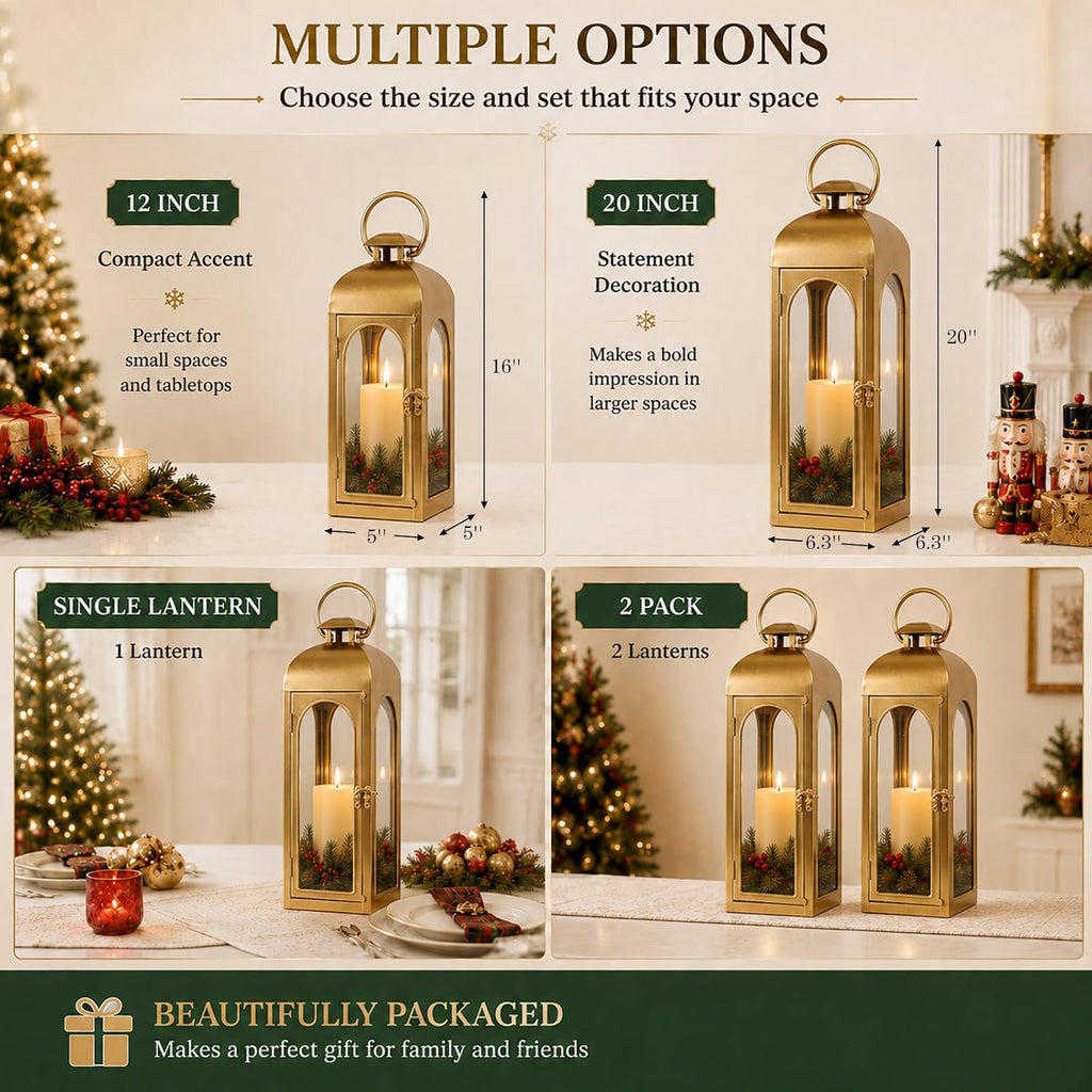 Christmas Decorative Lanterns Gold Metal Candle Holders 20 Inch 2 Pack