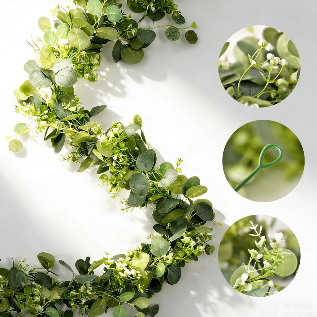 Eucalyptus Garland with White Flowers 4Pack: 5.9Ft Artificial Faux Greenery Vines for Table Runner Wedding Bedroom - Set of 236