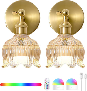 Vintage Battery Operated Wall Sconces - 5000mAh Rechargeable Dimmable Lights with Remote Control - Set of 2 Cognac