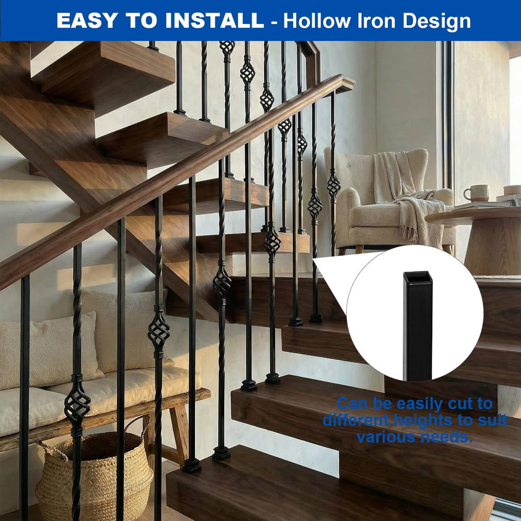 10 Pack 44" Iron Single Basket Balusters for Staircase Interior, 1/2" Hollow Stair Balusters, Matte Black Metal