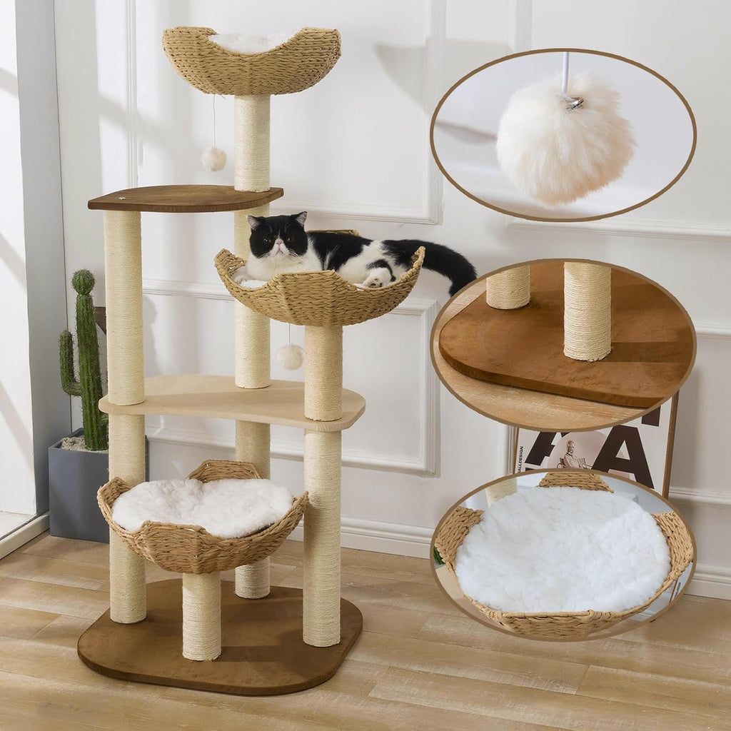 Cat Tree Tower, Modern Cat Tree with Hand-Woven Basket Nest, Sisal Posts, Extra Large 54 Inch Heavy-Duty Multi-Level