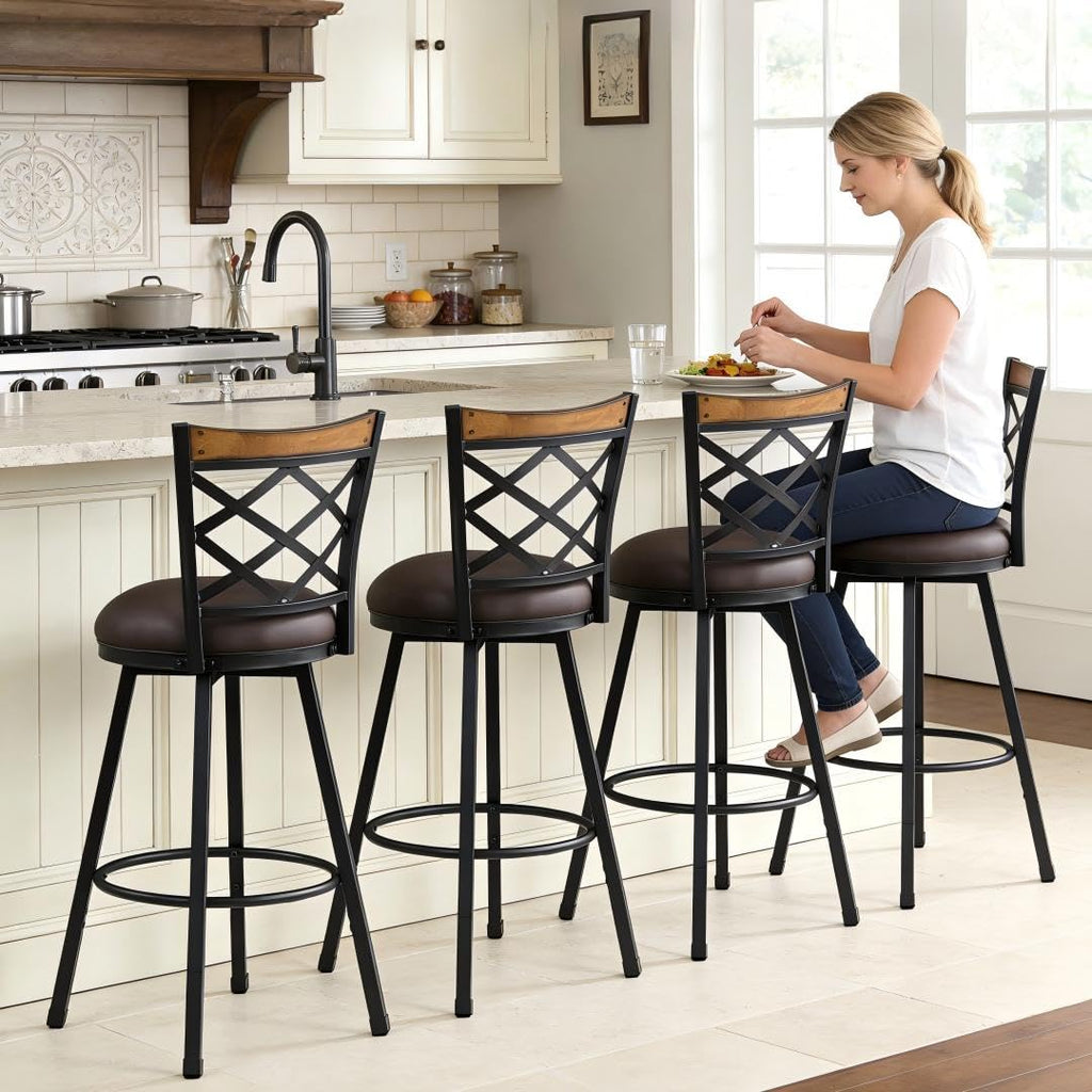 Set of 4 Swivel Bar Stools with Backs, 2-in-1 Adjustable 25"/30" Height, Farmhouse Kitchen Counter Chairs, Industrial