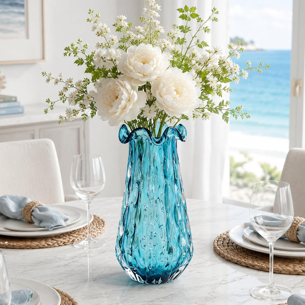 16.7" H Turquoise Glass Vase, Hand Blown Wide Mouth Teal Blue Glass, Murano Style Modern Art, Art Deco Contemporary